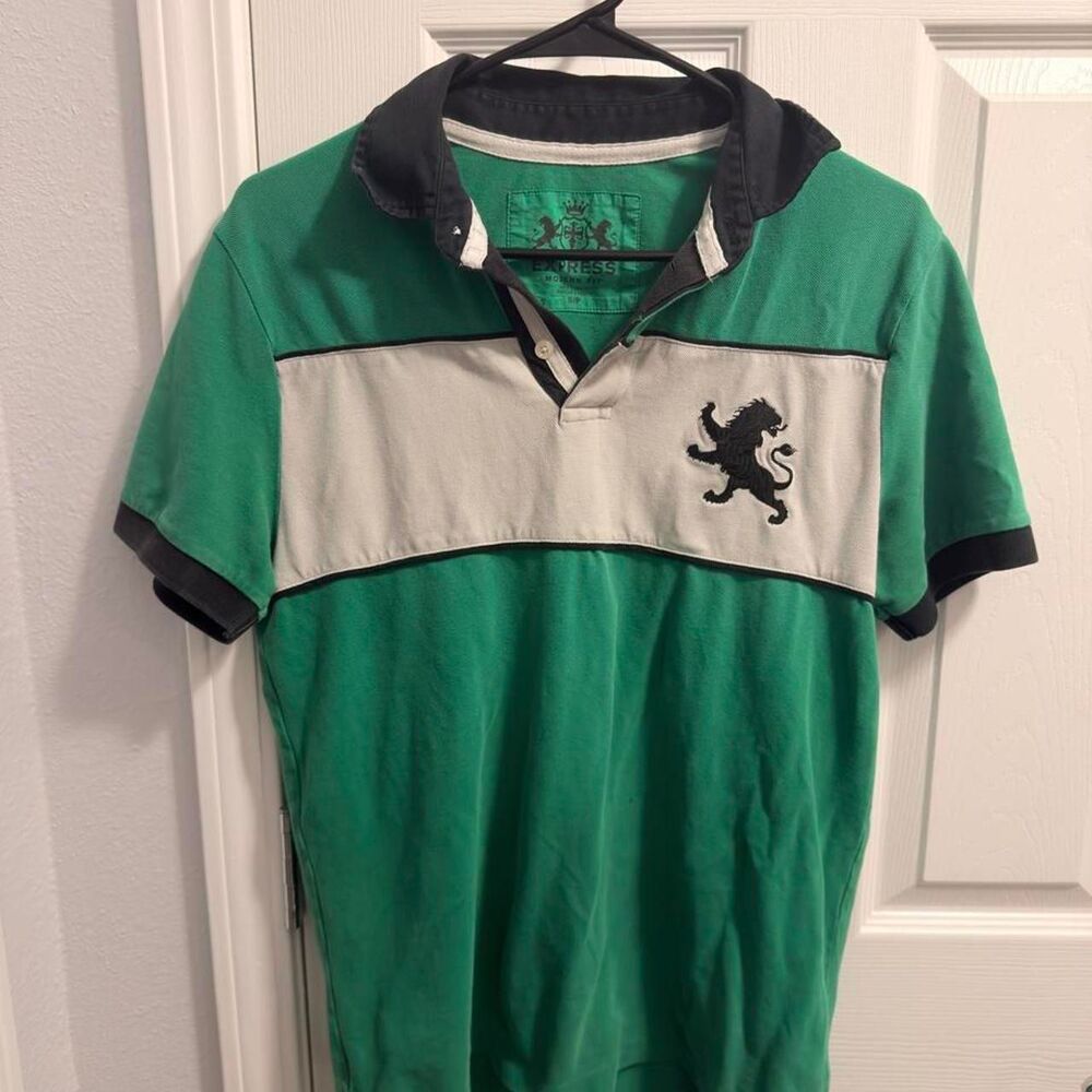 (2011) Express Large Lion Pique Polo - Kelly Green/Off-White - S